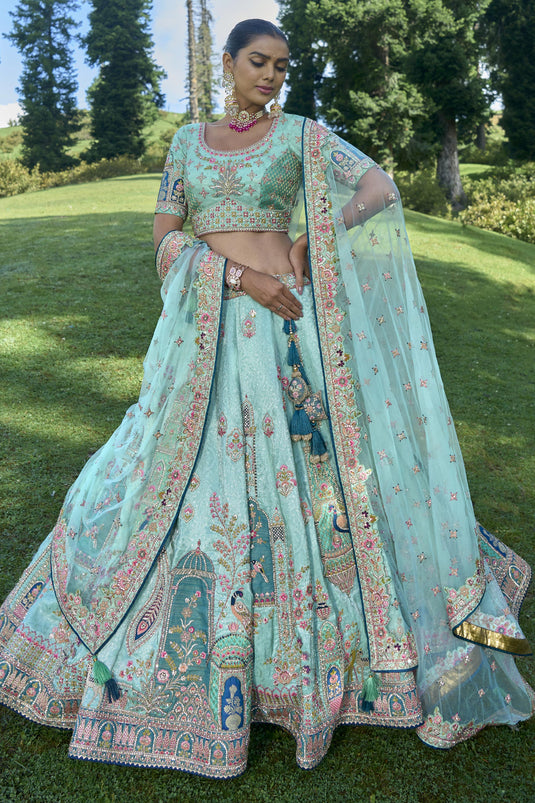 Cyan Color Designer Bridal Lehenga Choli With Embroidery Work Viscose Fabric