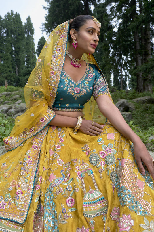 Yellow Color Viscose Fabric Heavy Embroidered Designer Bridal Lehenga Choli