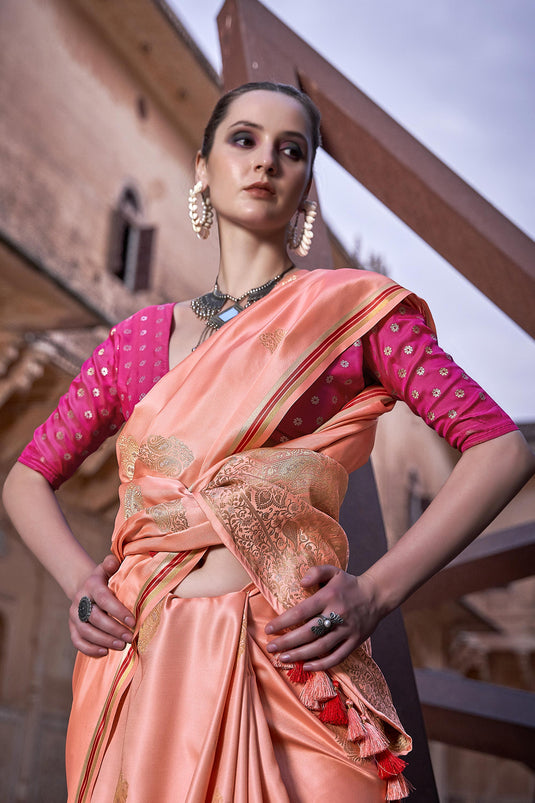 Imperial Peach Color Satin Silk Fabric Saree With Weaving Work