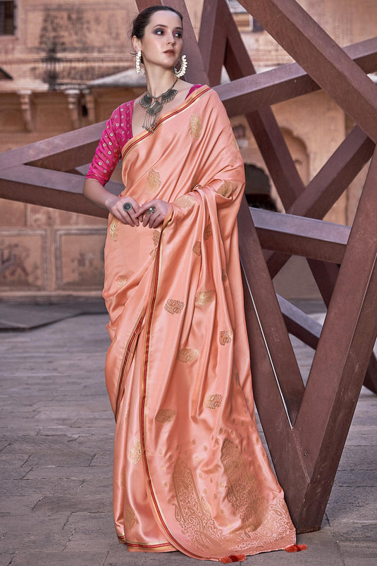 Imperial Peach Color Satin Silk Fabric Saree With Weaving Work