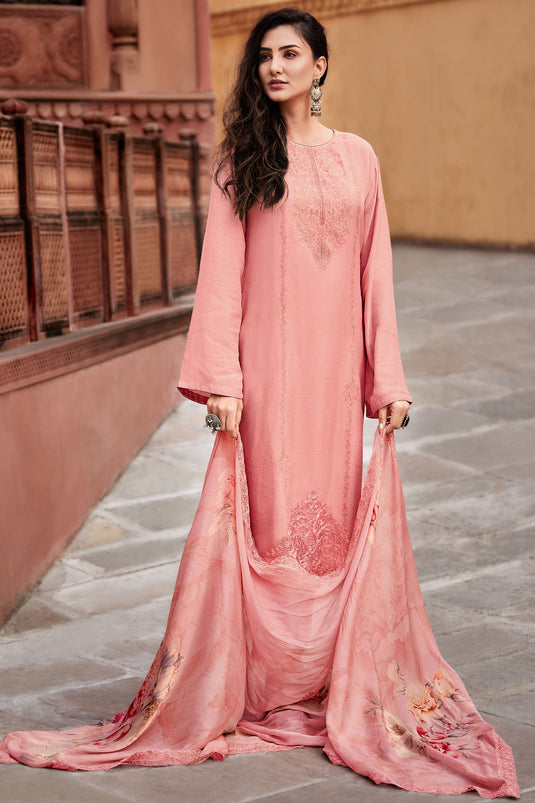 Pink Color Festive Wear Embroidered Salwar Suit In Viscose Fabric