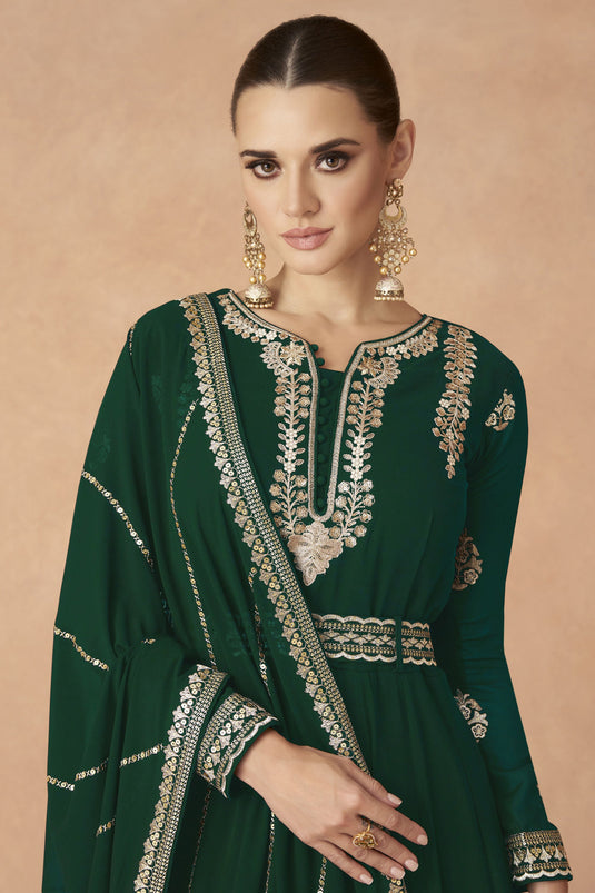 Georgette Fabric Soft Embroidered Dark Green Color Readymade Long Anarkali Style Gown With Dupatta