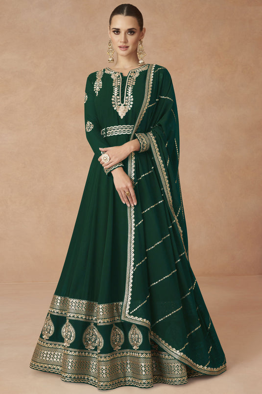 Georgette Fabric Soft Embroidered Dark Green Color Readymade Long Anarkali Style Gown With Dupatta