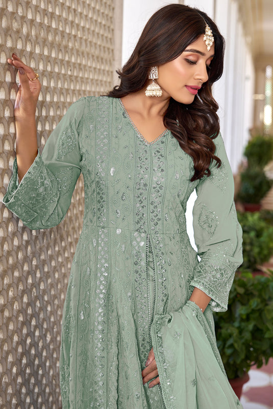 Sea Green Embroidered Georgette A Line Anarkali Suit