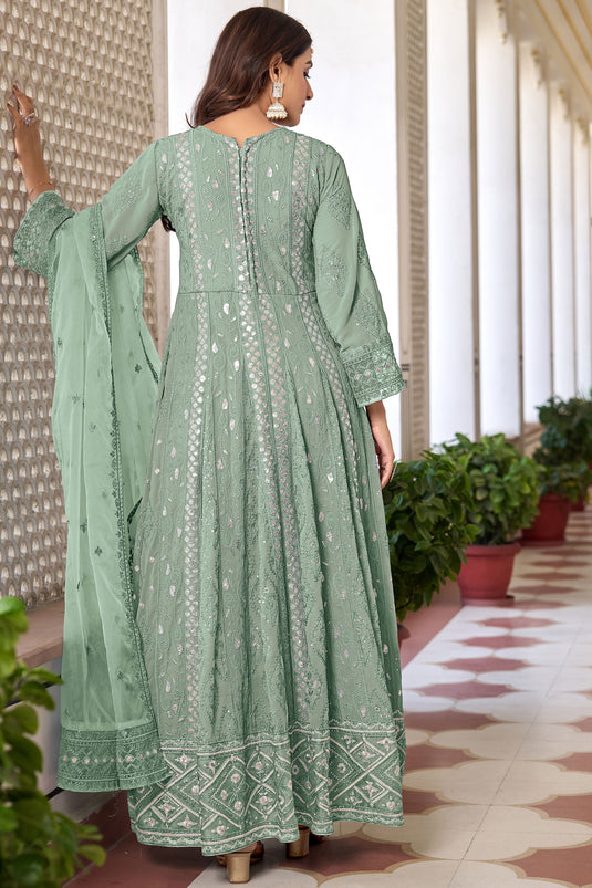 Sea Green Embroidered Georgette A Line Anarkali Suit