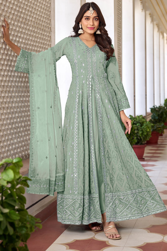 Sea Green Embroidered Georgette A Line Anarkali Suit