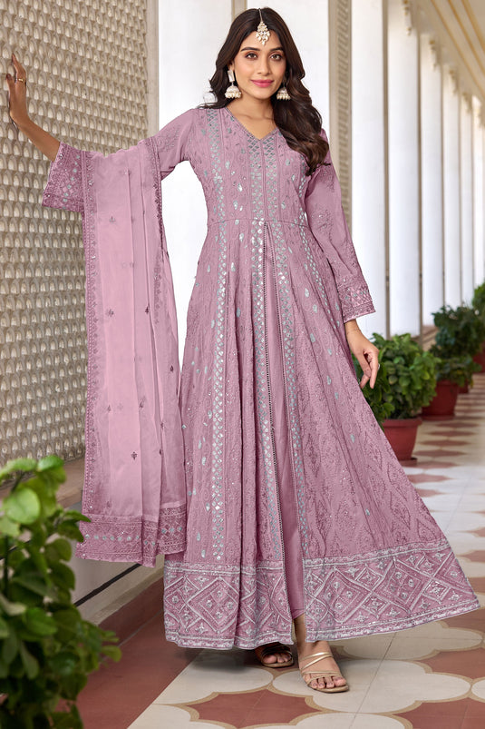Embroidered Georgette Anarkali Suit In Pink Green