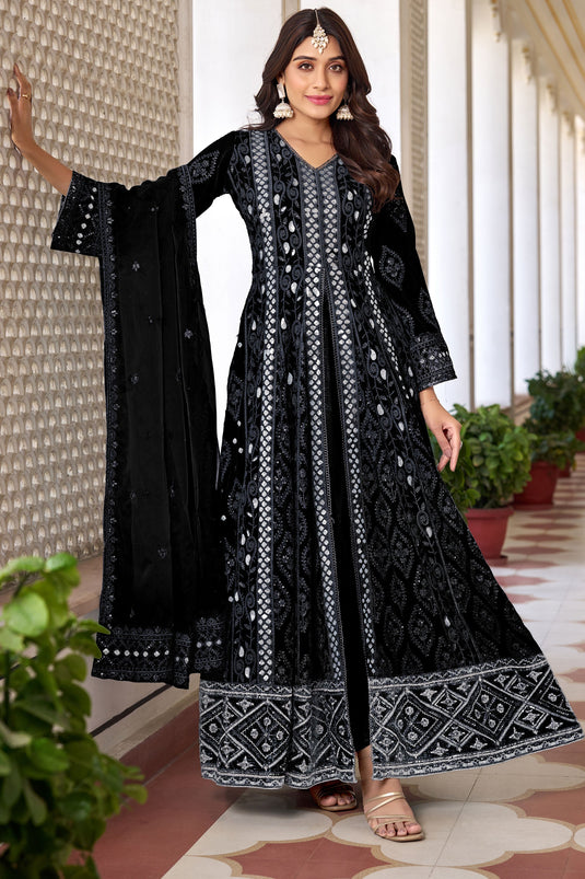 Georgette Embroidered Anarkali Suit In Black Color