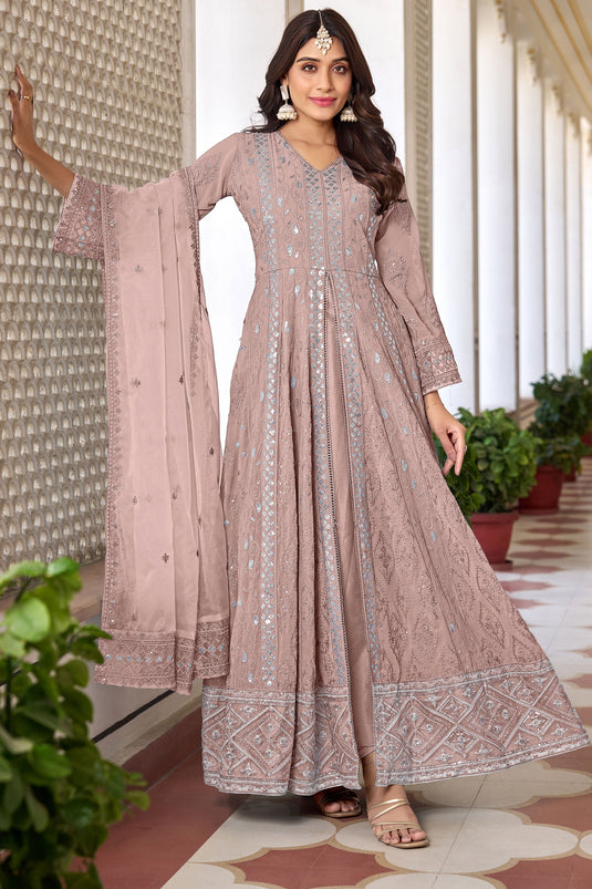 Peach Georgette Anarkali Salwar Suit In Embroidery Work