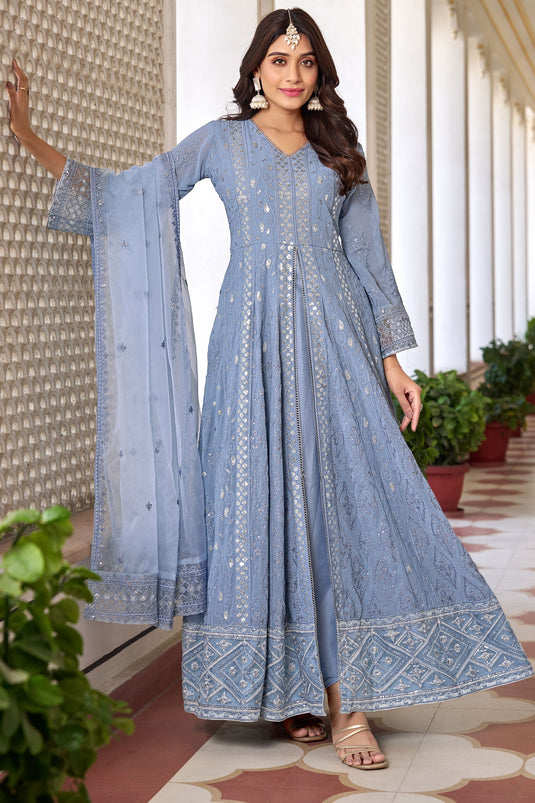Light Blue Embroidered Anarkali Suit In Georgette Fabric