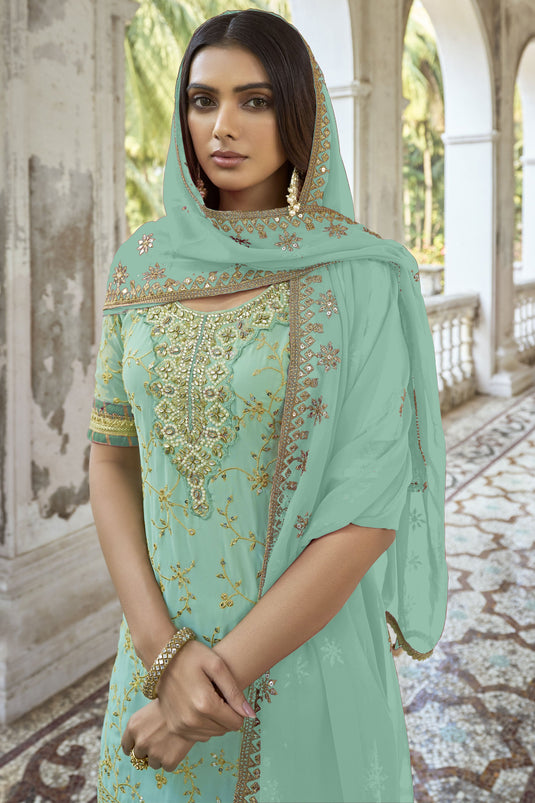 Georgette Fabric Cyan Color Festive Wear Embroidered Palazzo Salwar Kameez