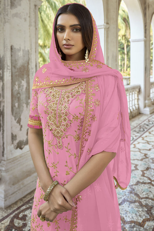 Embroidered Pink Color Palazzo Salwar Kameez In Georgette Fabric