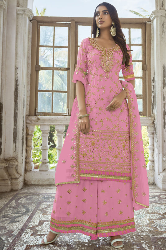 Embroidered Pink Color Palazzo Salwar Kameez In Georgette Fabric