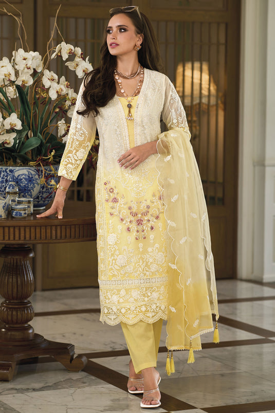 Embroidered Yellow Color Readymade Designer Straight Cut Salwar Suit In Organza Fabric