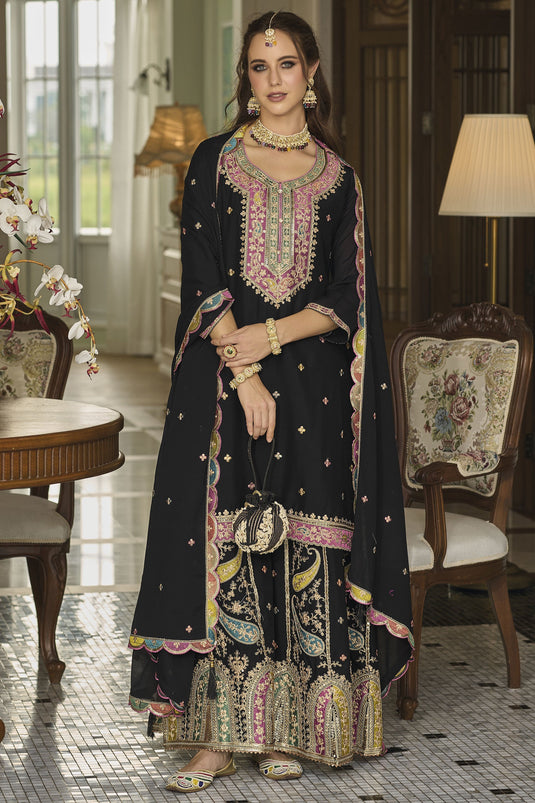 Dazzling Embroidered Work On Black Color Readymade Sharara Top Lehenga In Chinon Fabric