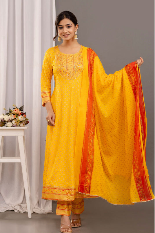 Glamorous Printed Work Yellow Color Rayon Readymade Salwar Suit