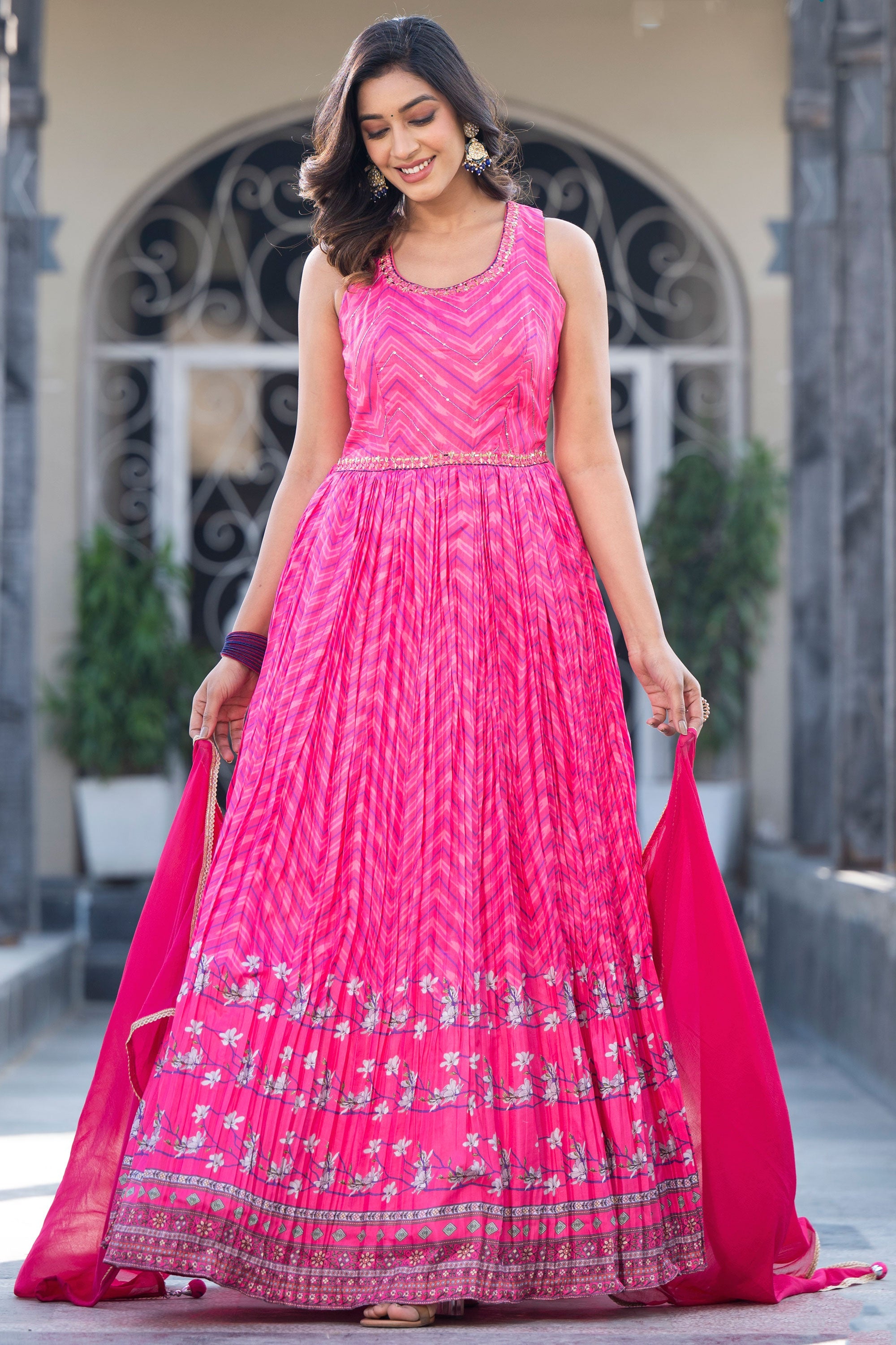 Pink gown with dupatta best sale