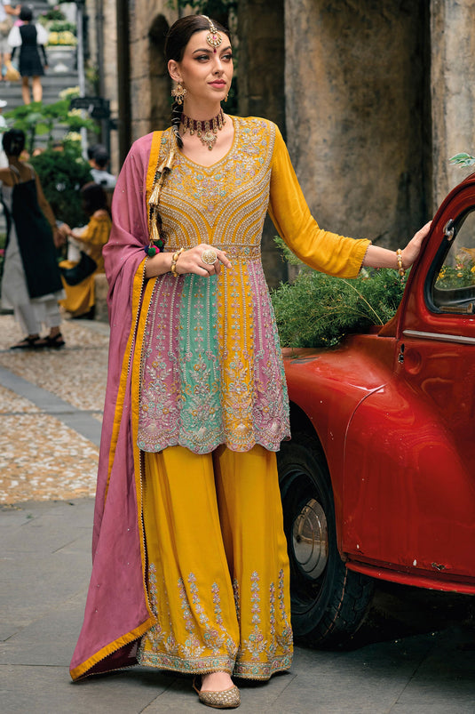 Mustard Color Chinon Fabric Tempting Function Wear Palazzo Suit