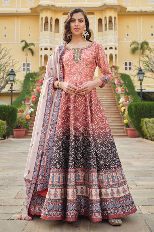 Peach Color Silk Fabric Tempting Readymade Gown With Dupatta