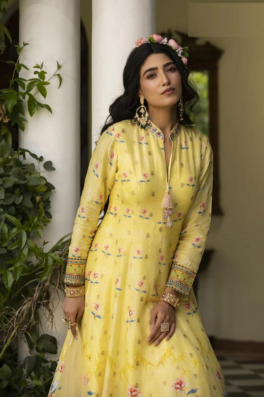 Elegant Jacquard Fabric Yellow Color Printed Gown With Dupatta