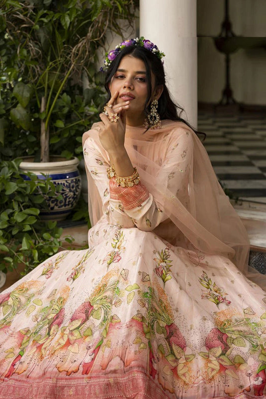 Jacquard Fabric Printed Gown With Dupatta in Vibrant Peach Color