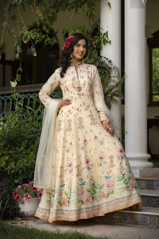 Gorgeous Jacquard Fabric Off White Color Printed Gown With Dupatta