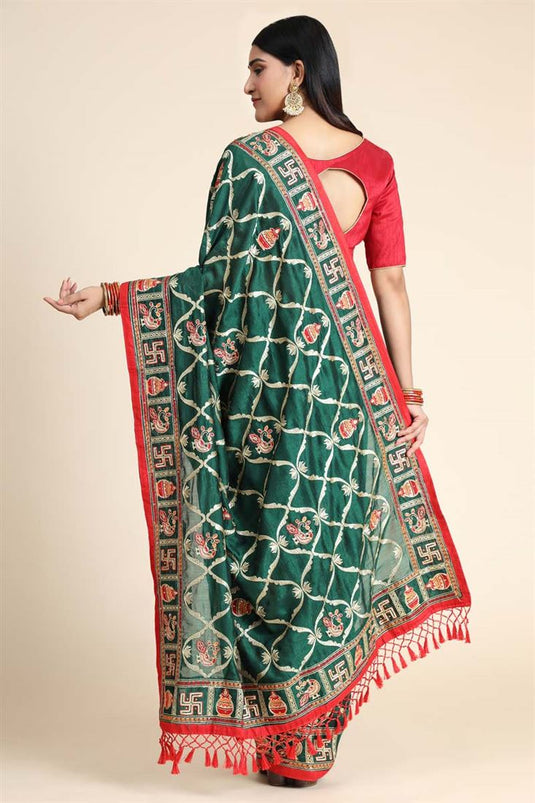 Dark Green Color Art Silk Fabric Puja Wear Lavish Saree With Embroidered Work