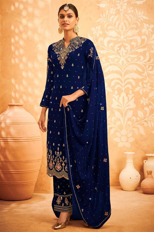 Glittering Embroidered Work On Navy Blue Color Georgette Fabric Party Wear Stylish Salwar Suit