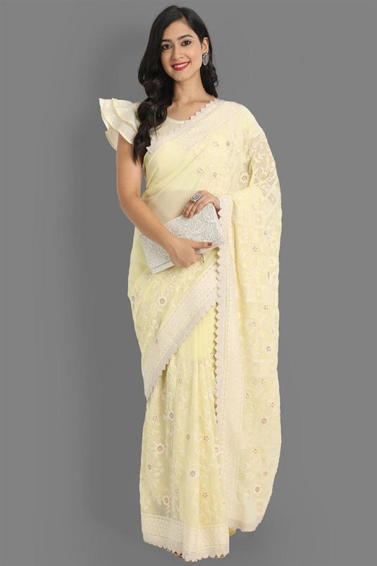 Festival Wear Georgette Fabric Yellow Color Tempting Lakhnavi Saree With Embroidered Work