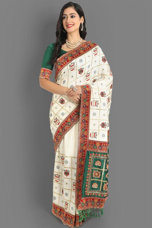 White Color Festival Wear Embroidered Work Aristocratic Patola Saree In Art Silk Fabric