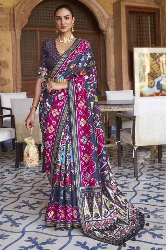 Navy Blue Color Glittering Art Silk Fabric Patola Printed Saree