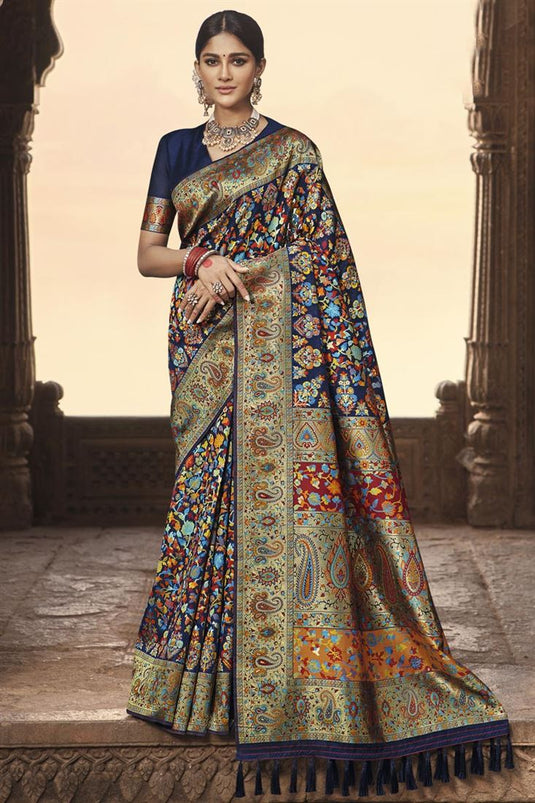 Navy Blue Color Banarasi Style Silk Fabric Supreme Saree With Weaving Work