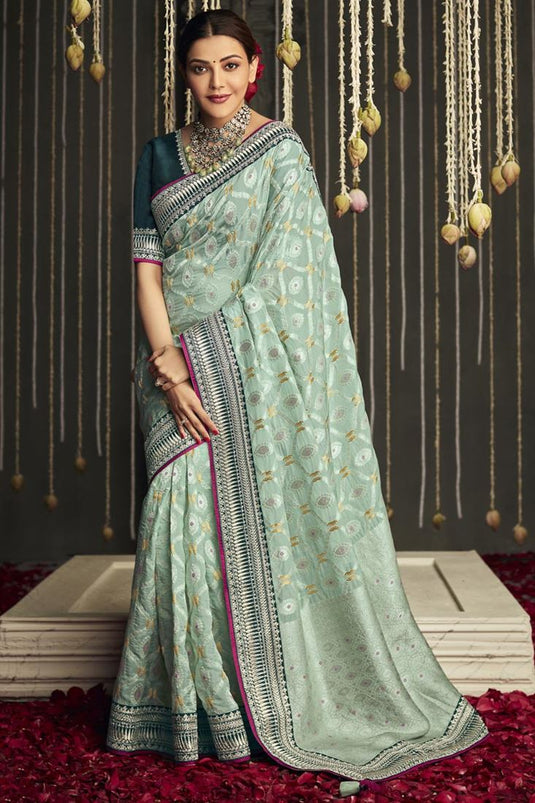 Stylish Border Work On Light Cyan Color Kajal Aggarwal Saree In Crepe Fabric