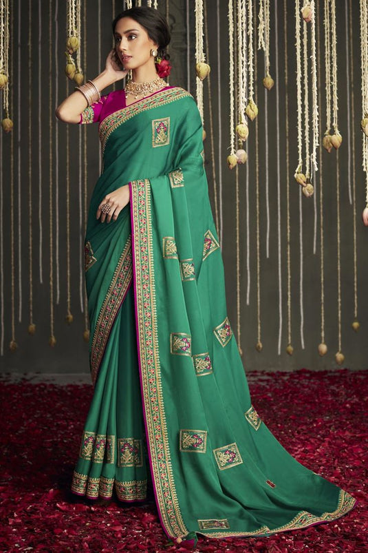 Engaging Border Work On Green Color Crepe Fabric Kajal Aggarwal Saree