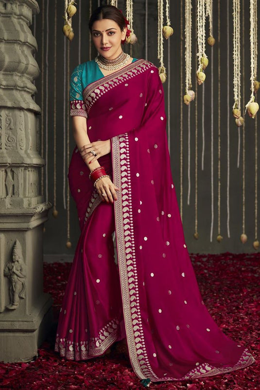 Incredible Border Work On Crepe Fabric Rani Color Kajal Aggarwal Saree