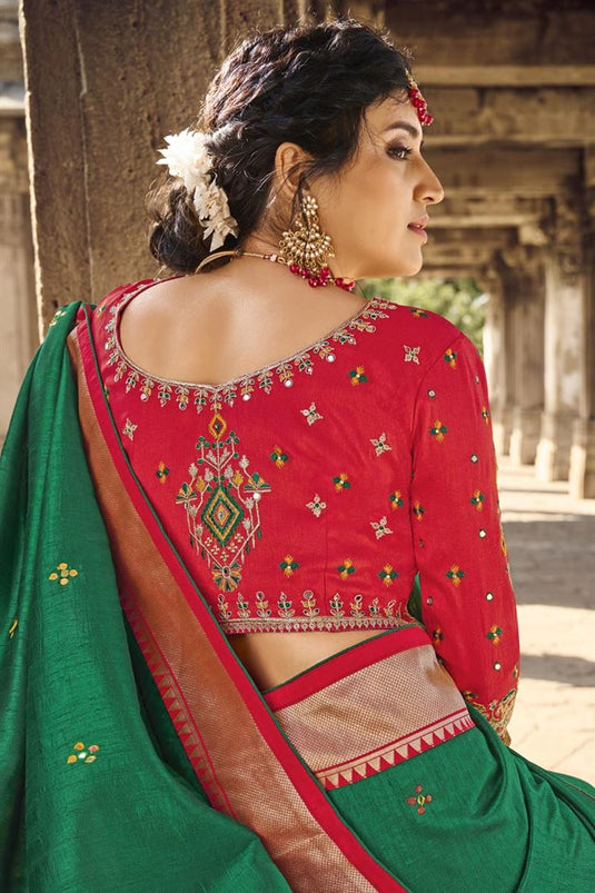 Green Color Gorgeous Banarsi Style Silk Saree With Weaving Work