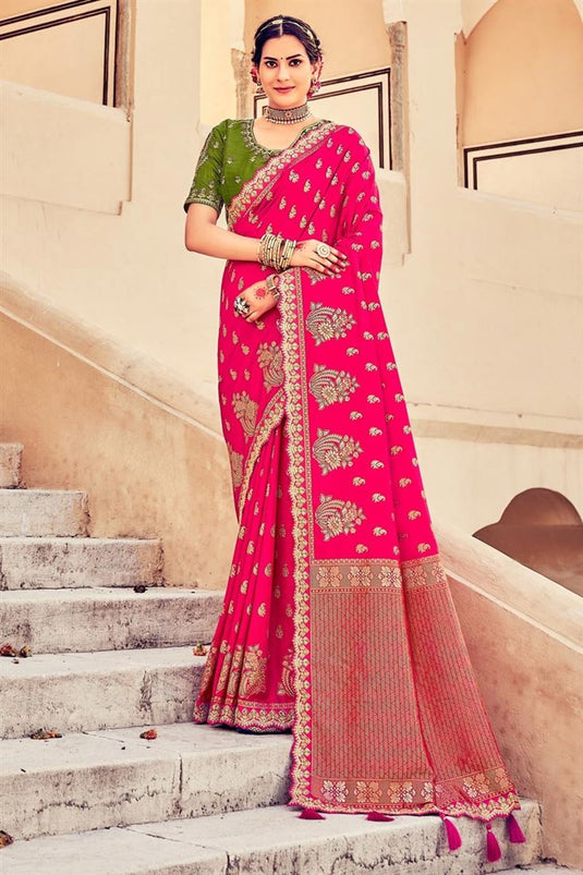 Pleasing Rani Color Art Silk Fabric Function Wear Saree