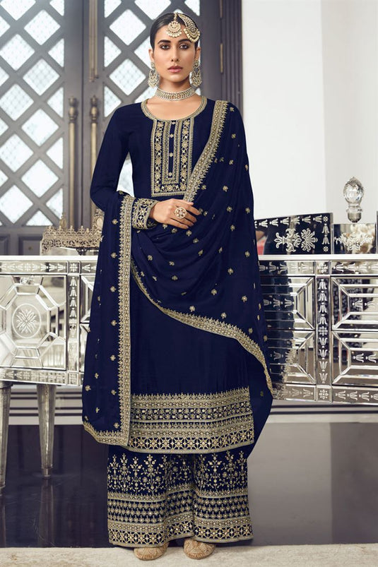 Embroidered Work On Navy Blue Color Glittering Art Silk Fabric Palazzo Suit