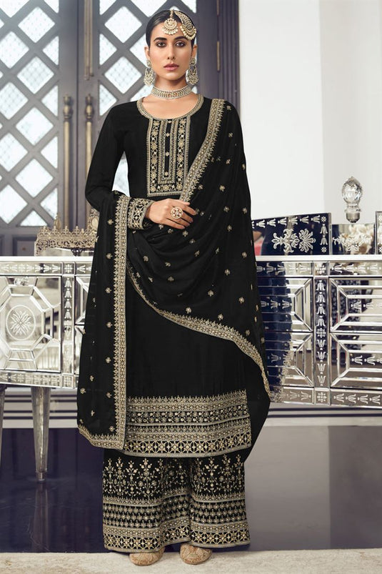 Imposing Art Silk Fabric Black Color Palazzo Suit With Embroidered Work