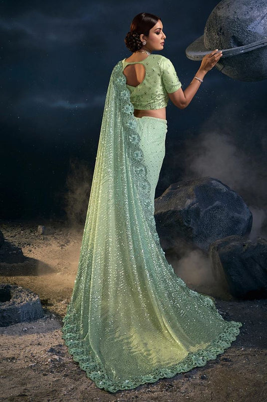 Art Silk Fabric Sea Green Color Stunning Saree With Sequins Work