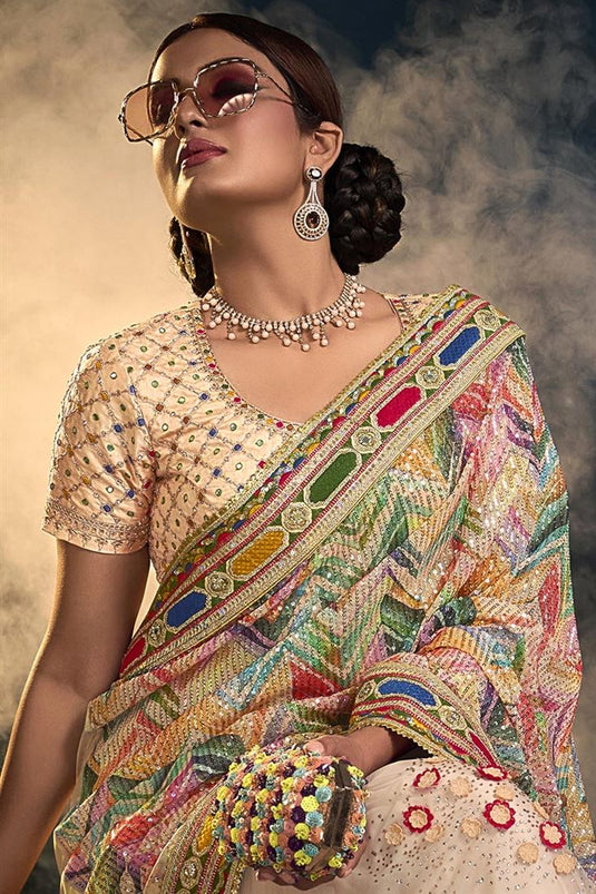 Blazing Cream Color Art Silk Fabric Saree With Sequins Work