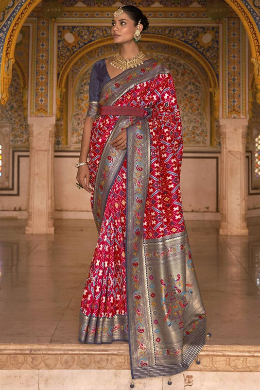 Red Color Patola Printed On Engrossing Saree In Art Silk Fabric