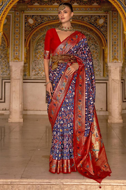 Art Silk Fabric Blue Color Engaging Patola Printed Saree