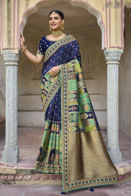 Navy Blue Color Silk Fabric Chic Wedding Wear Saree