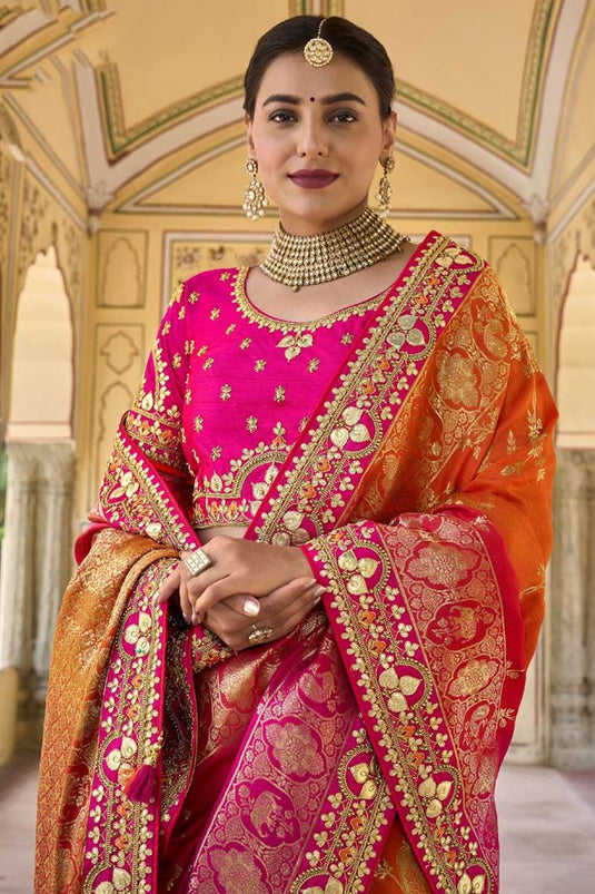 Silk Fabric Pink Color Wedding Wear Engrossing Saree