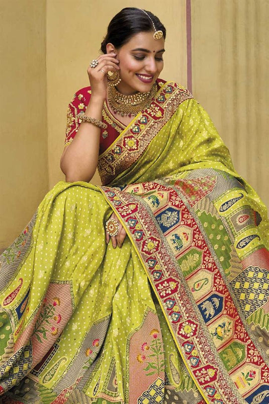 Silk Fabric Wedding Wear Beatific Saree In Green Color