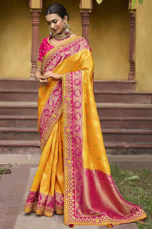 Wedding Wear Inventive Yellow Color Saree In Silk Fabric