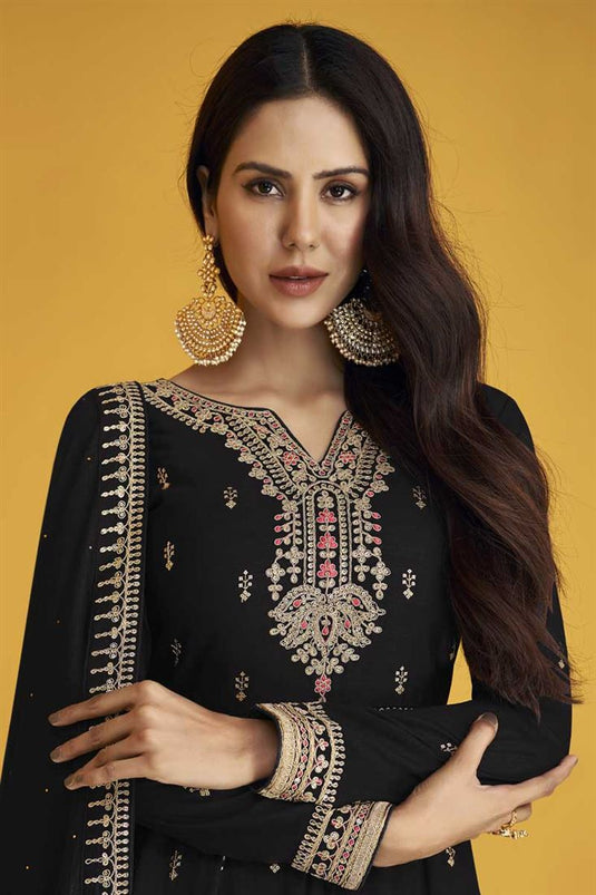 Sonam Bajwa Excellent Georgette Fabric Black Color Festive Look Anarkali Suit