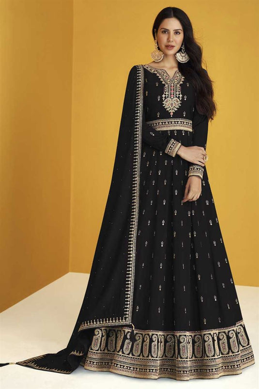 Sonam Bajwa Excellent Georgette Fabric Black Color Festive Look Anarkali Suit