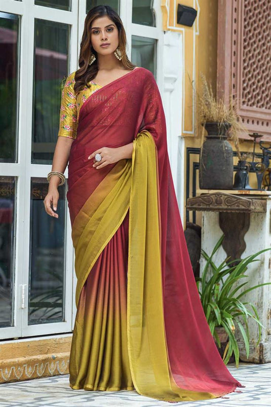 Solid Festive Look Chinon Fabric Two Tone Saree In Maroon Color